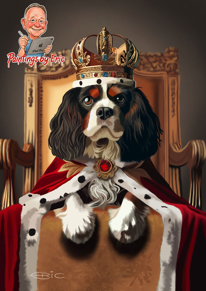 Cavalier King Charles Spaniel wearing a crown on a throne