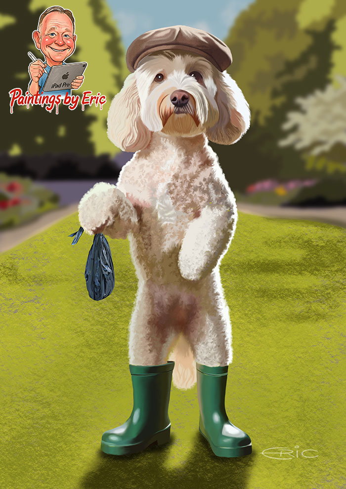 Cockapoo dog holding a poo bag illustration