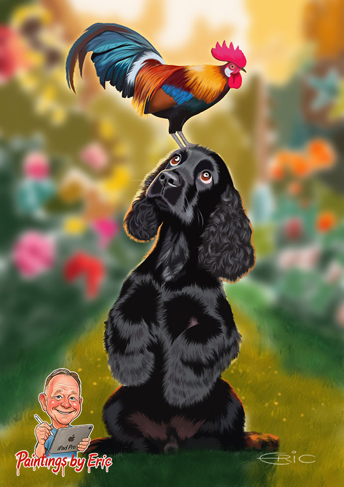 Cocker Spaniel with a cockerel on its head painting
