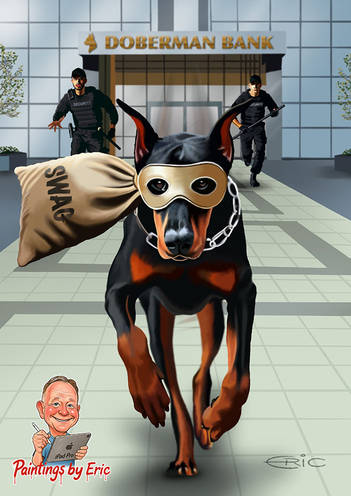 Doberman dog stealing money from a bank illustration