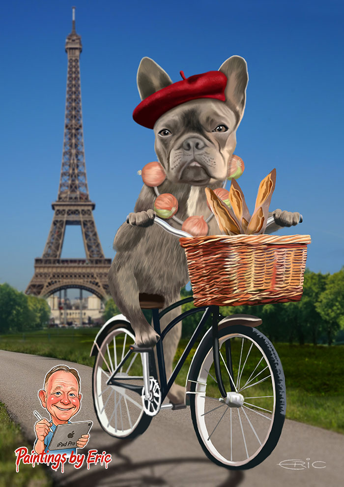 French Bulldog wearing a beret and onions on a bike
