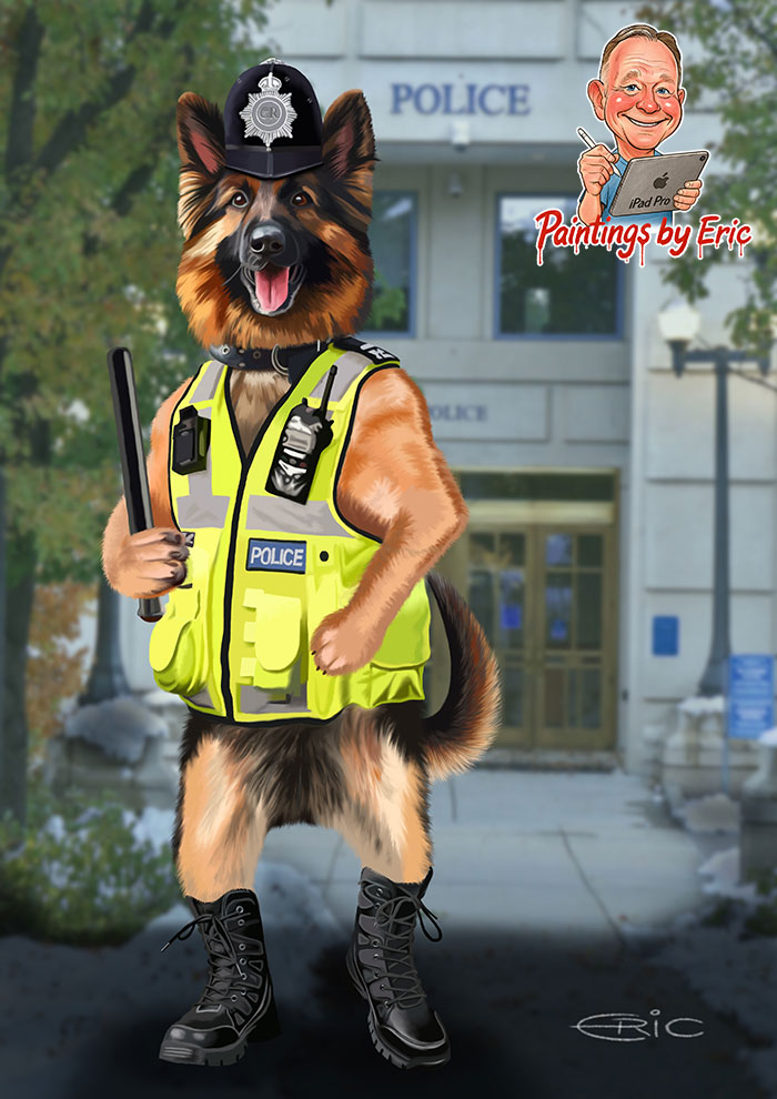 German Shepherd dressed as a British police officer