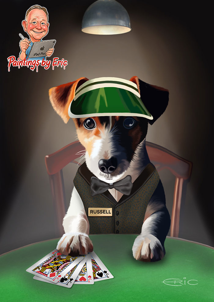 Jack Russell dog playing poker with four Jacks cards