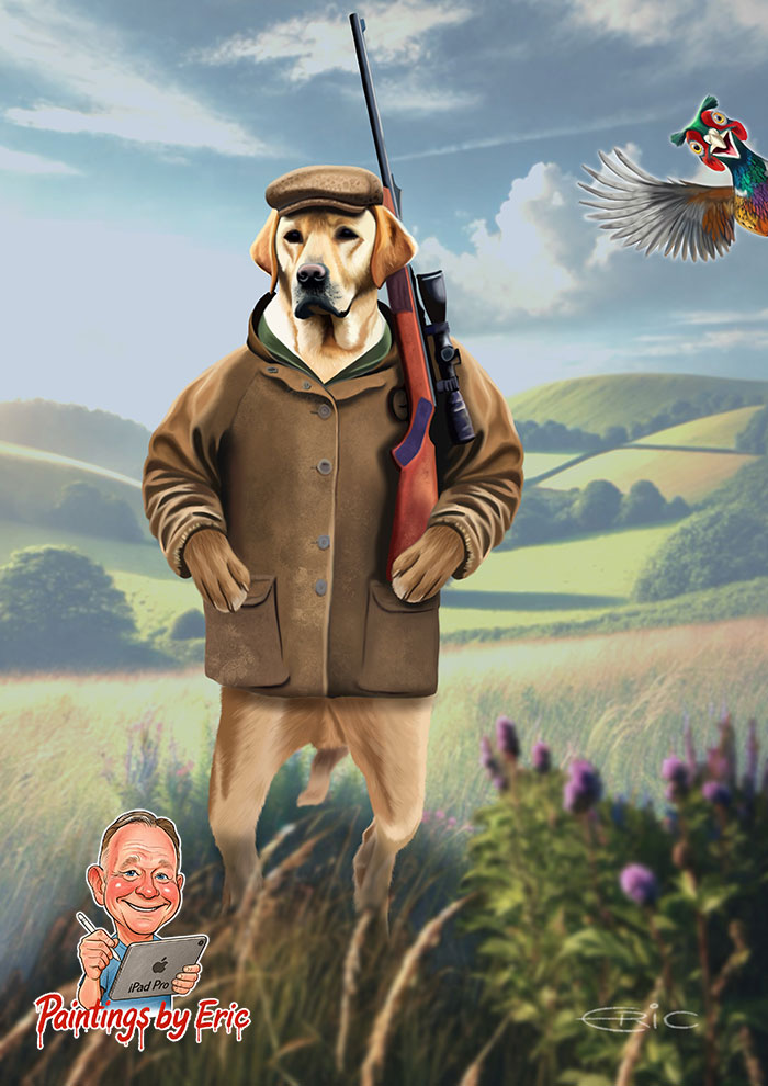 Labrador gundog in tweed holding a rifle