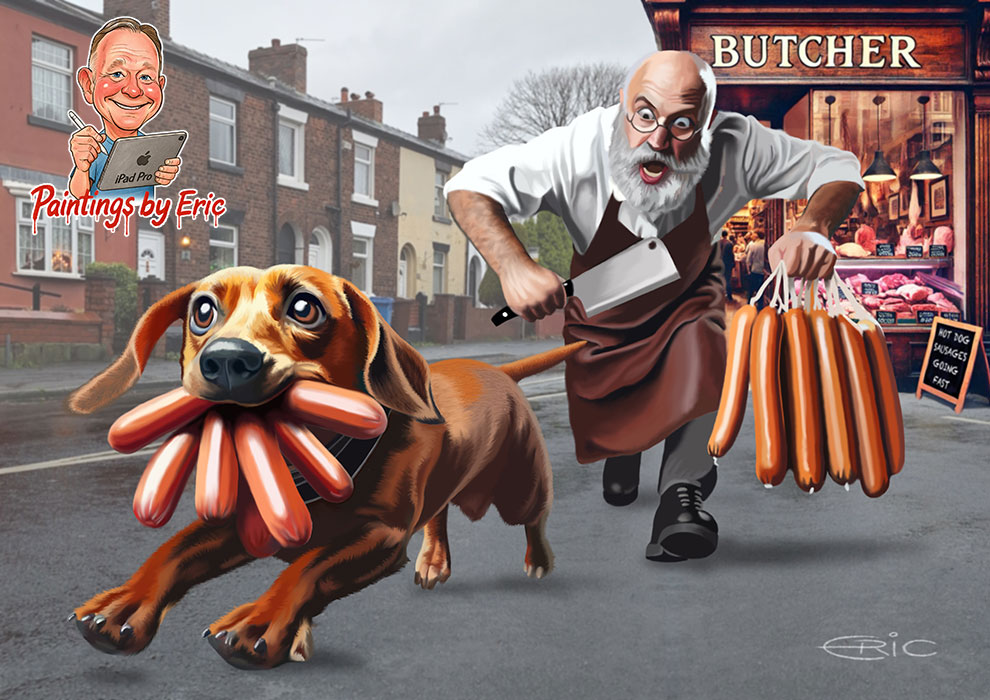Dachshund running from a butcher with sausages