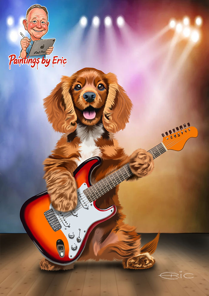 Sprocker Spaniel playing an electric guitar like a rockstar