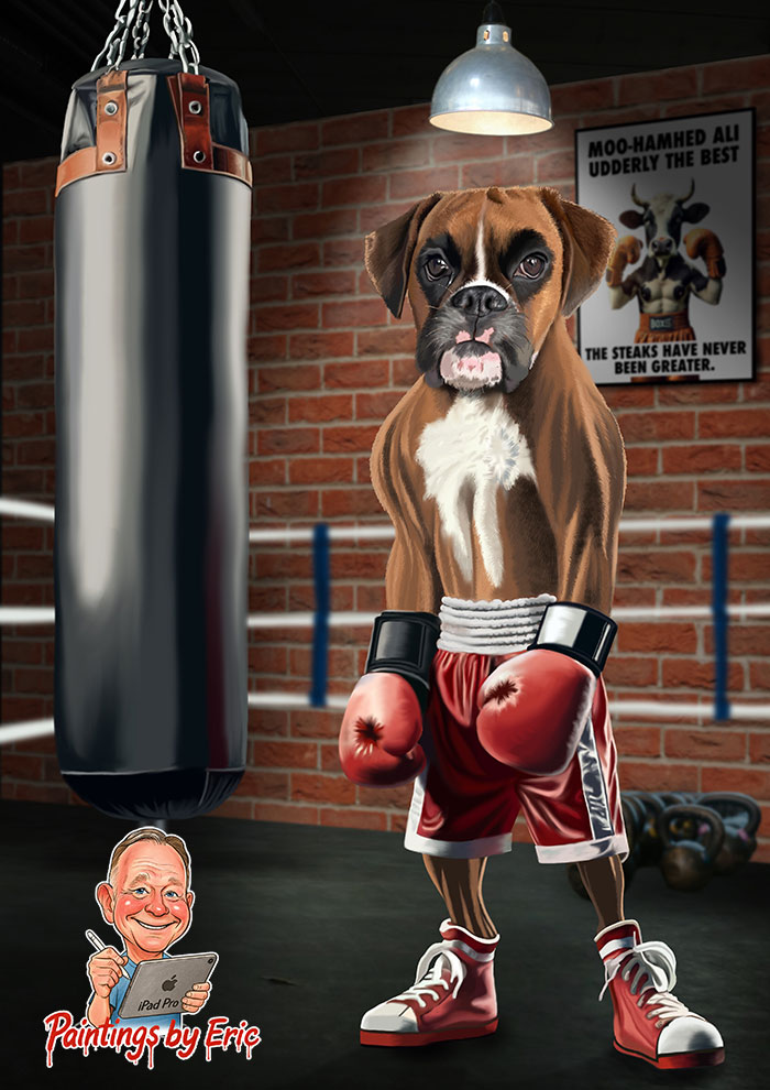Boxer dog in boxing gloves digital illustration
