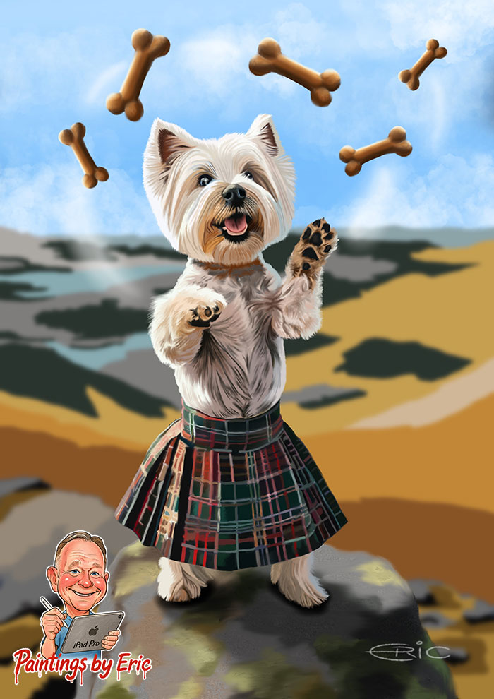 Westie dog wearing a kilt on a mountain top