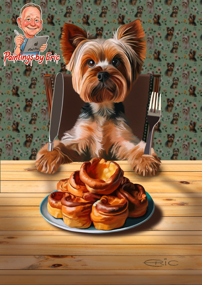 Yorkie dog sat at a table with Yorkshire puddings